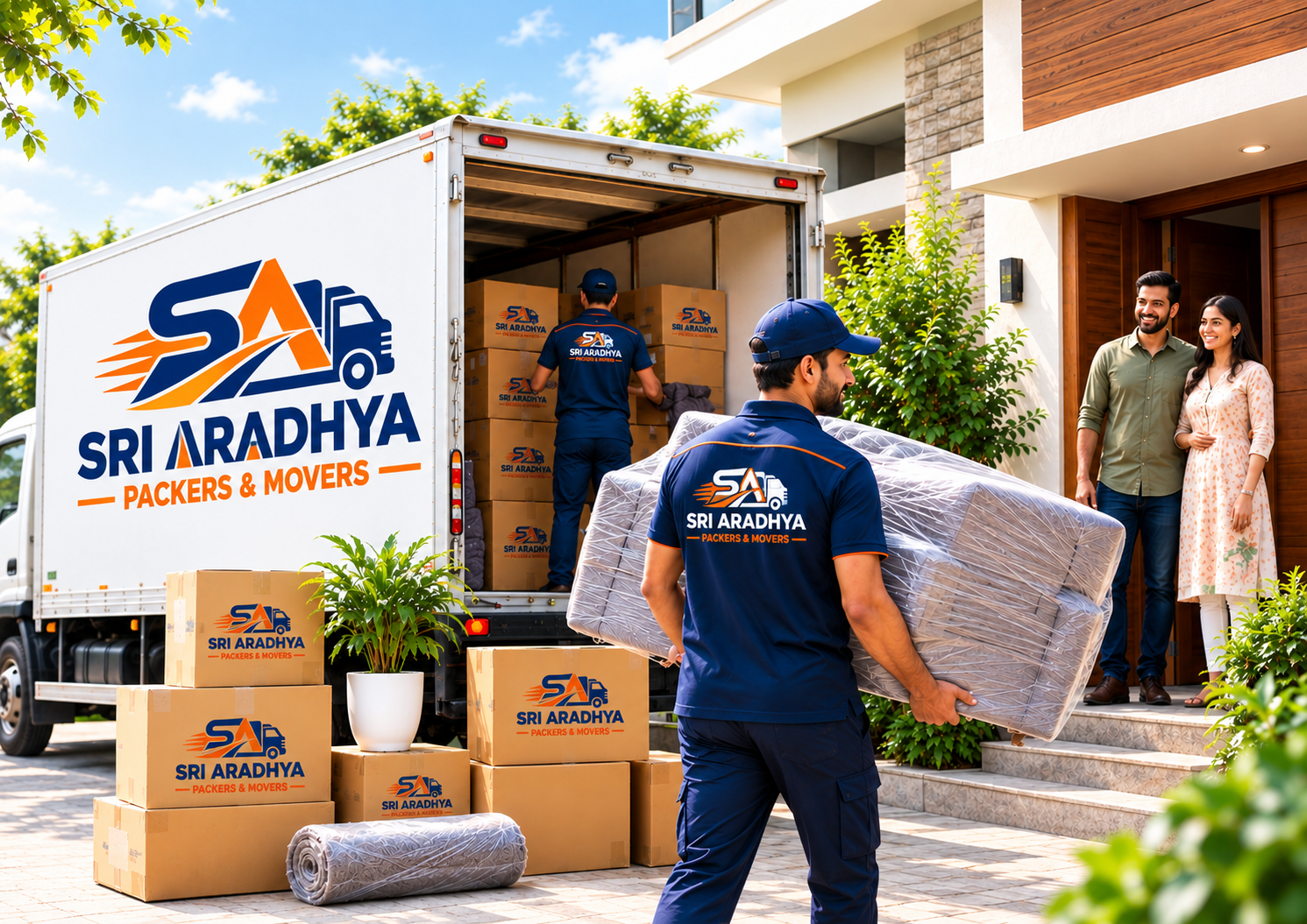 Professional movers handling household boxes